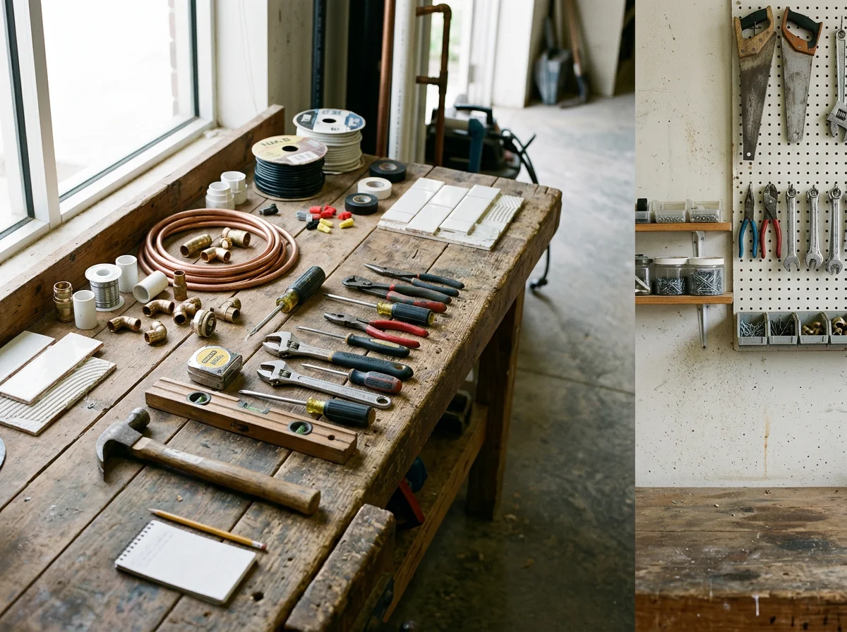 Professional tools and materials organized on a work surface, representing the range of carpentry, plumbing, and electrical services offered.