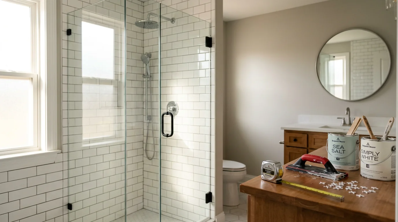 Modern bathroom with custom tile shower and granite countertop