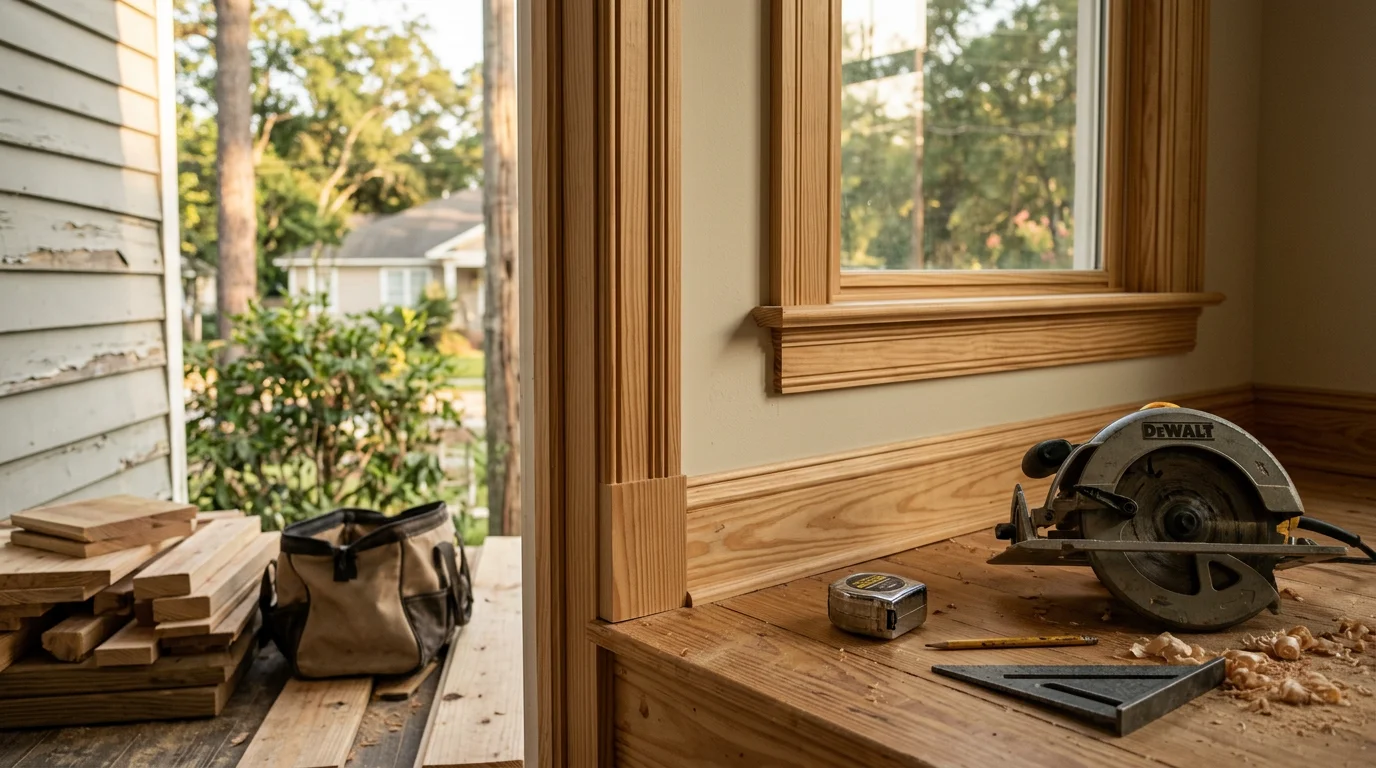 Carpenter measuring and cutting wood for a residential project