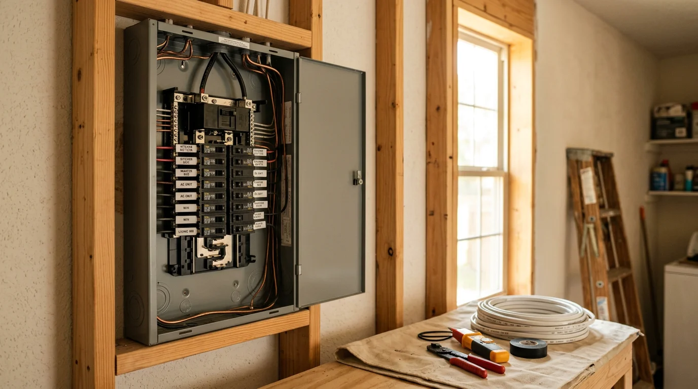 Electrician working on residential electrical panel and wiring
