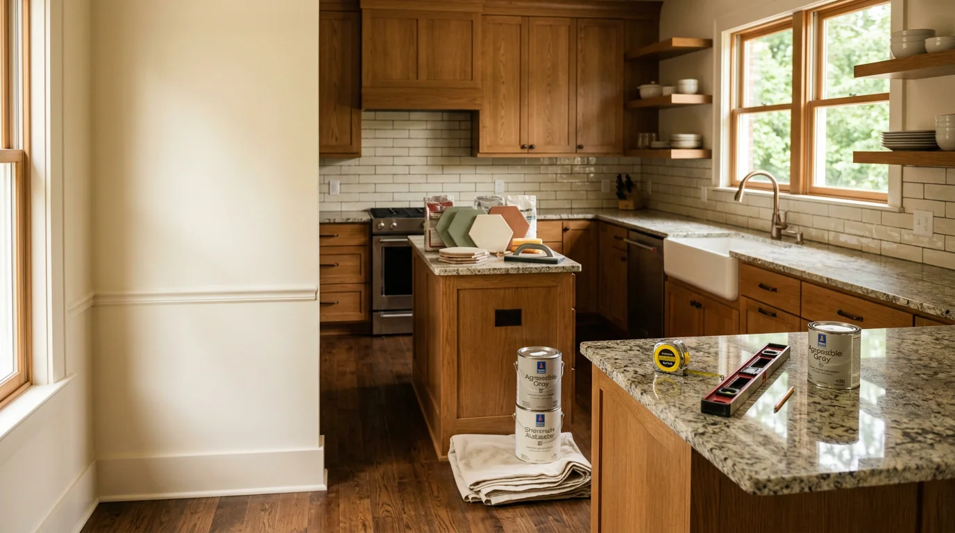 Kitchen with custom cabinets, granite countertop, and tile backsplash