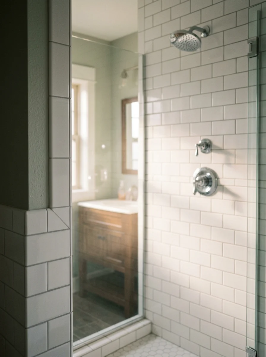 Close-up of custom tile work inside a bathroom shower in a Hattiesburg residential home, with clean grout lines and a modern tile pattern.