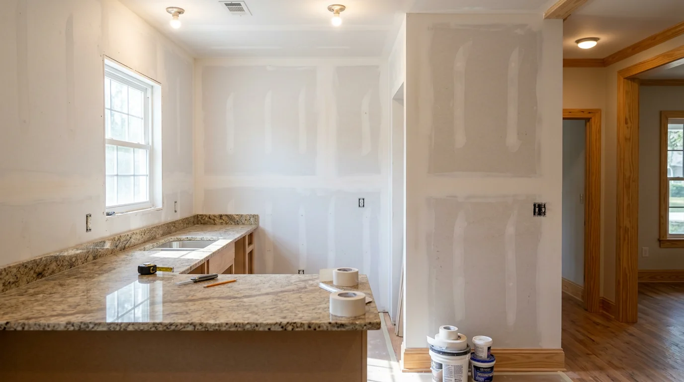 Interior of a Hattiesburg home mid-kitchen remodel, showing new granite countertops being set and fresh sheetrock on the walls.