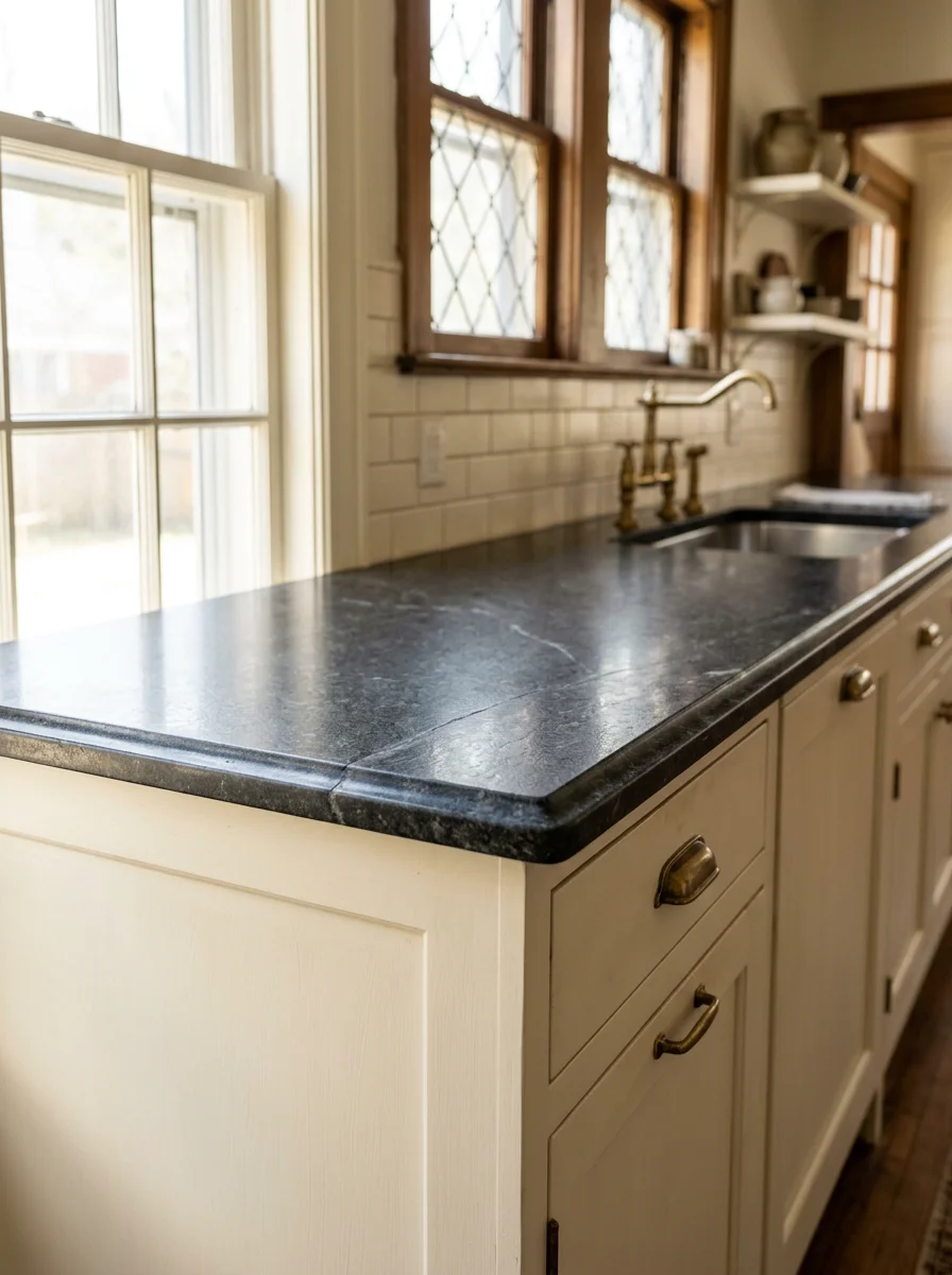 Granite countertop installation in a Laurel Mississippi kitchen, with dark granite slabs set against painted wood cabinetry in an early 20th-century home.
