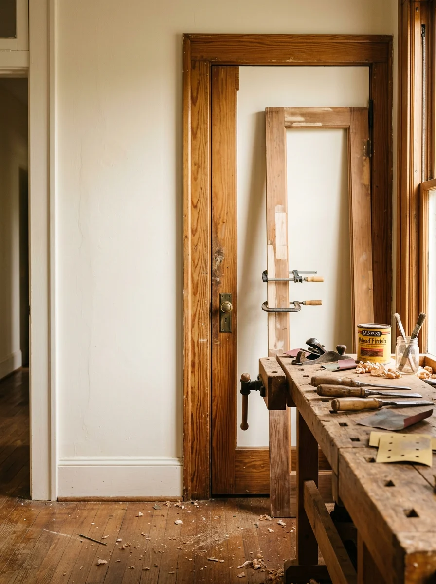 Carpentry work on original wood trim inside a Petal Mississippi home, with a craftsman repairing a door casing in a mid-century residential interior.