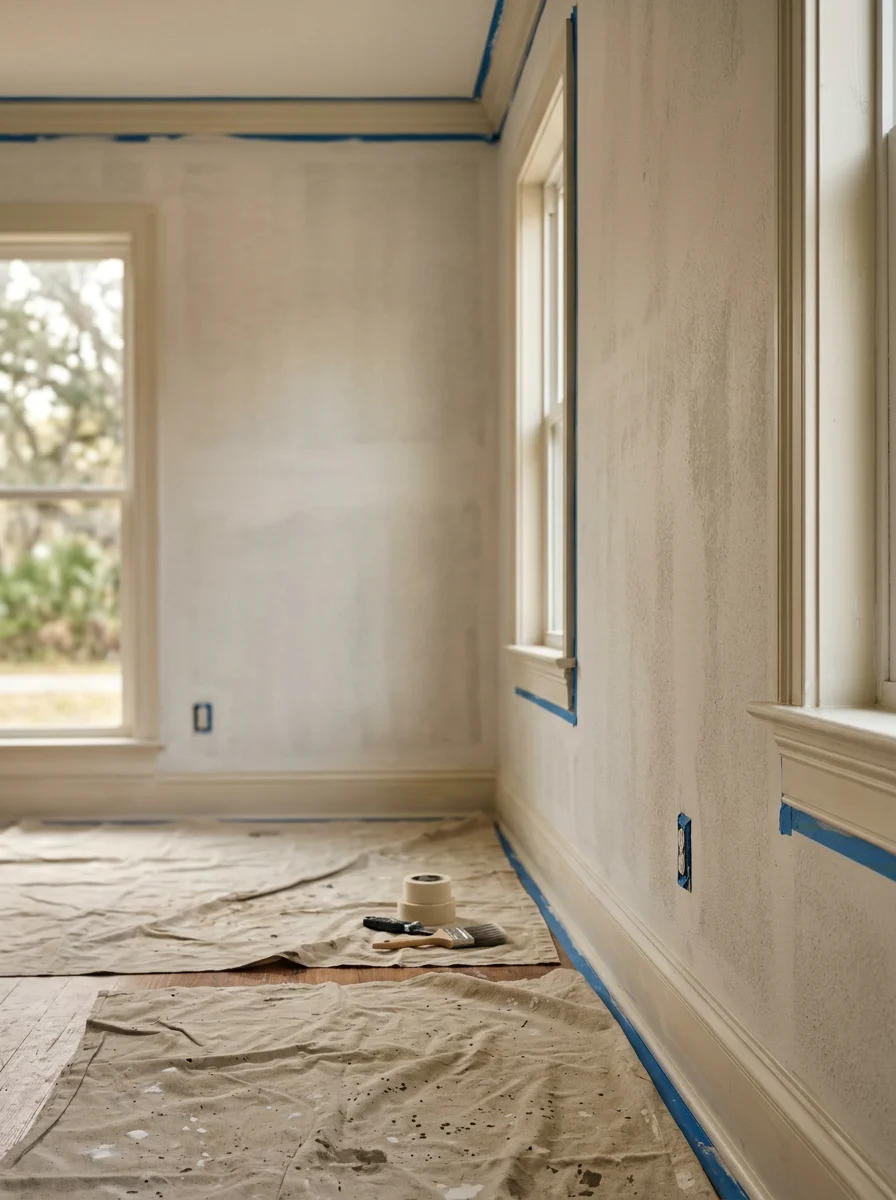 Interior painting in progress in a Waveland Mississippi home, with walls prepped and primed before topcoat application in a bright coastal living room.