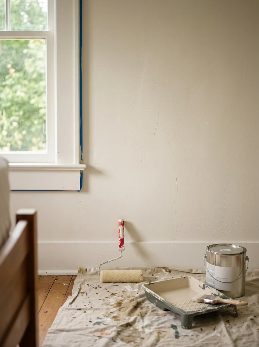Interior painting in progress in a Stone County Mississippi home, with a crew member rolling fresh paint onto a bedroom wall in a rural residential property.