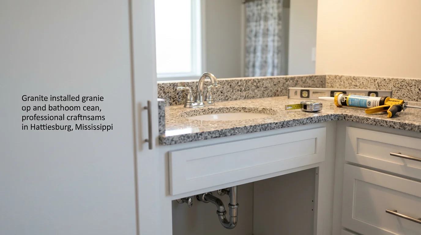 A newly installed bathroom countertop fitted over a wood vanity cabinet in a Hattiesburg, Mississippi home. The surface sits flush with clean seams and a finished sink cutout.