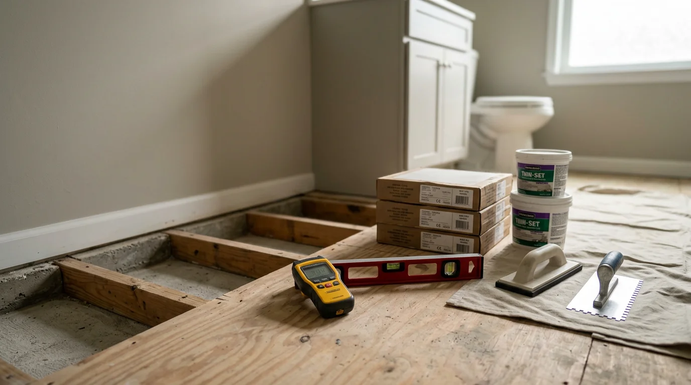 Freshly installed bathroom floor in a Hattiesburg, Mississippi home, showing clean, level flooring laid up to the base of a bathroom vanity. The finished surface reflects the kind of detail-focused installation work done by Stewart All Services LLC.
