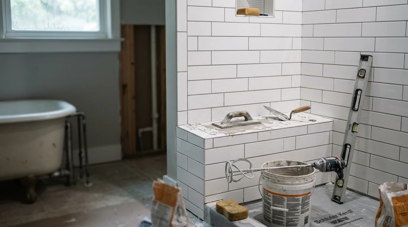 Freshly tiled bathroom wall with clean grout lines in a Hattiesburg, Mississippi home. The tile work covers a full tub surround with even spacing and sealed joints.