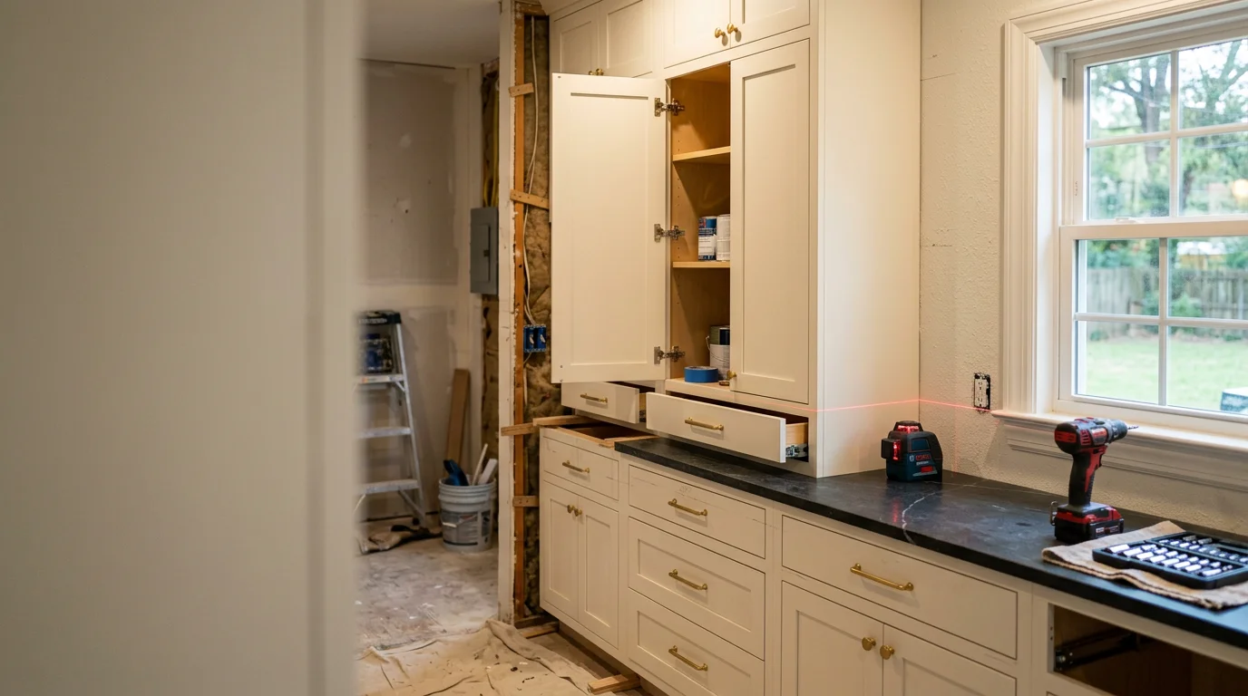 Freshly installed custom wood cabinets lining the walls of a Hattiesburg home kitchen, with aligned doors and clean trim work visible throughout. A carpenter's level rests on the counter beside the lower cabinet run during final adjustment.