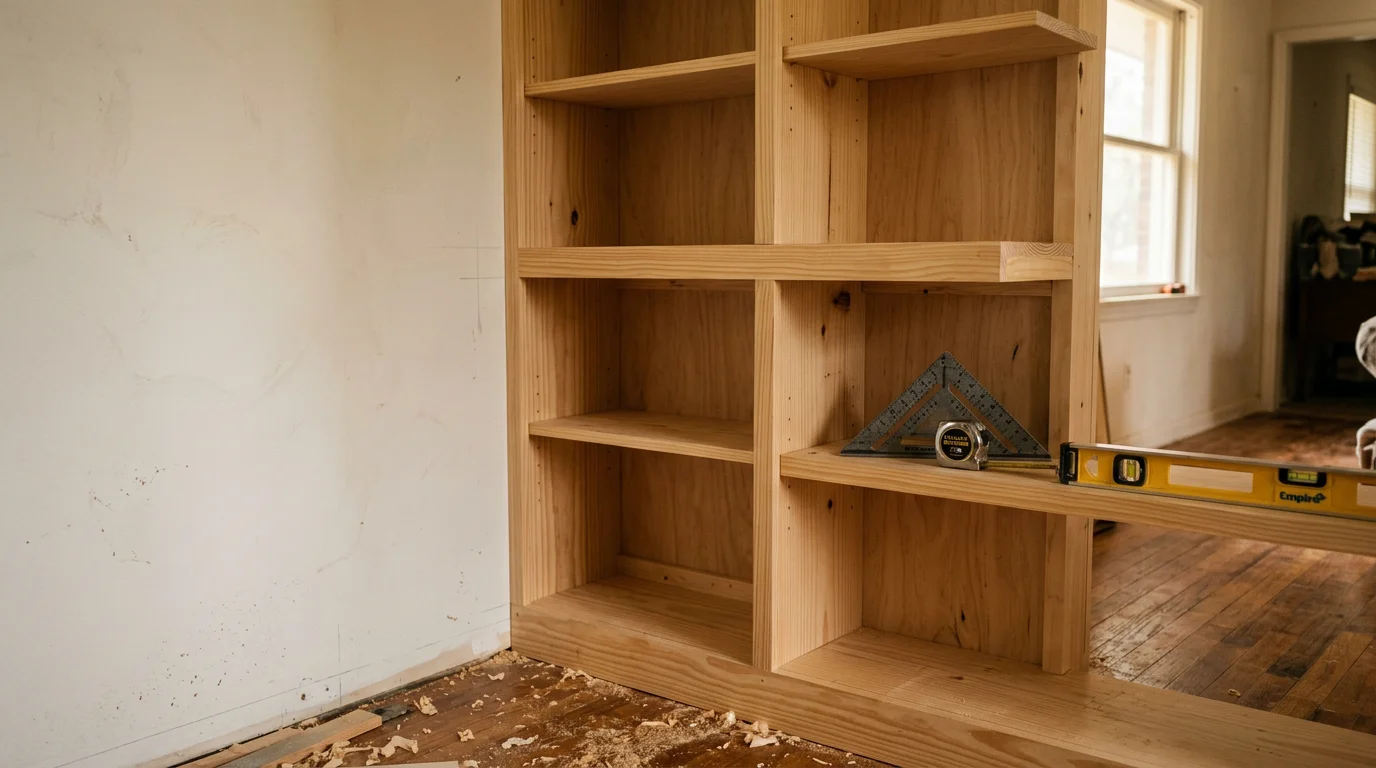Custom wood built-in shelving unit installed flush against the wall of a ranch-style home in Hattiesburg, Mississippi. The shelving spans floor to ceiling with open display sections and closed lower storage, finished to match the room's existing trim.