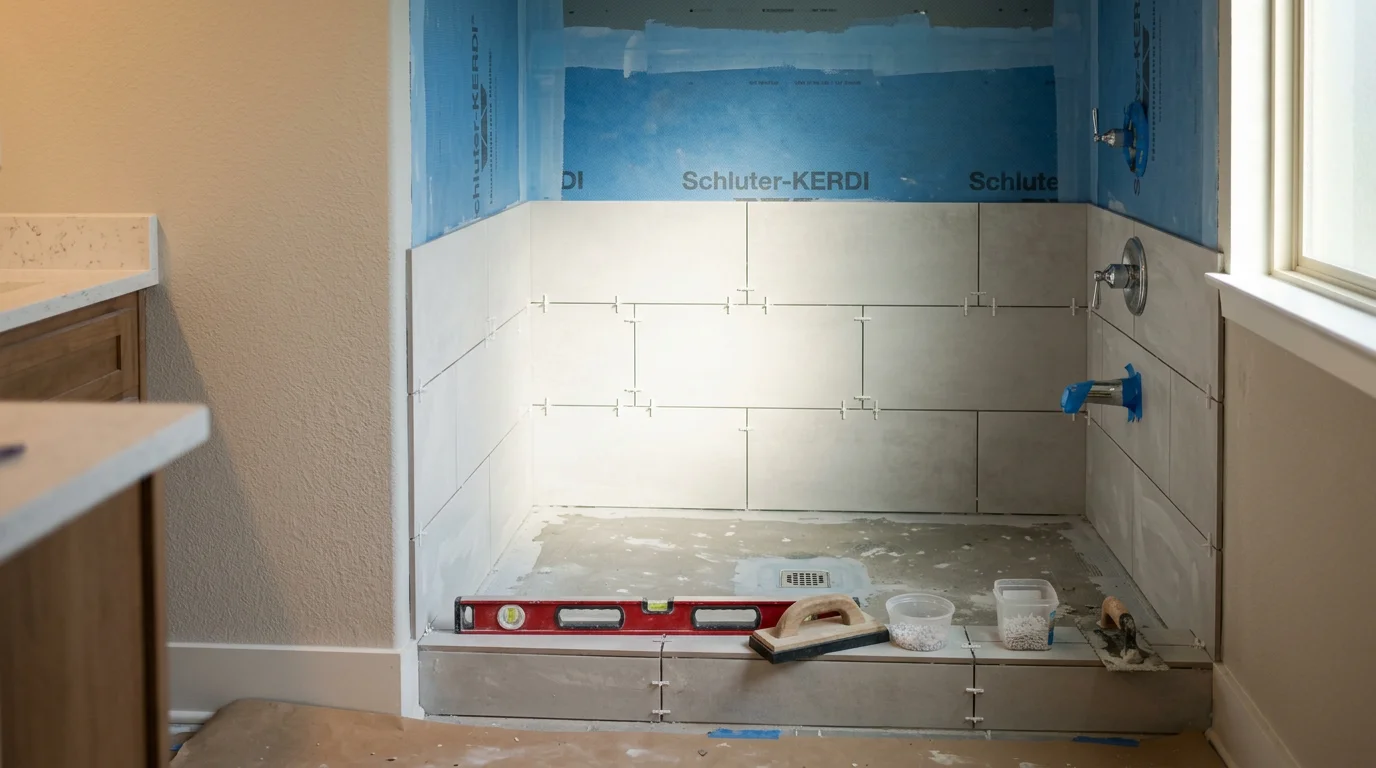 A newly installed custom shower in a Hattiesburg, Mississippi home bathroom, showing finished wall panels, a clean shower floor, and a fixed showerhead. The space reflects a complete professional installation built to fit the room's dimensions.
