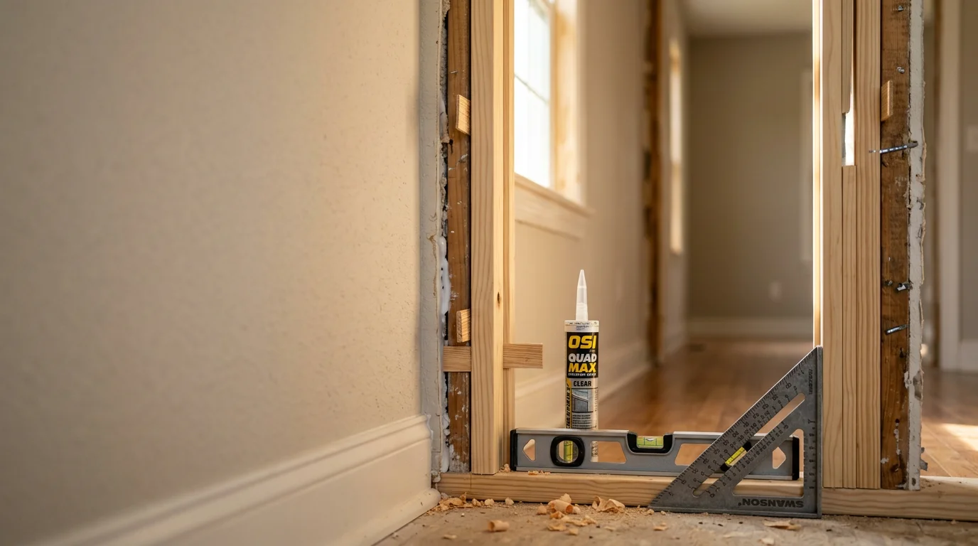 A carpenter setting a new exterior door frame plumb and level in a Hattiesburg, Mississippi home. The finished doorway shows a clean fit with no visible gaps between the door slab and the jamb.