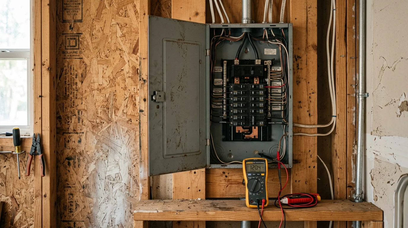 An open residential electrical panel box showing circuit breakers being inspected by an electrician in a Hattiesburg, Mississippi home. The panel interior is clean and clearly visible, with individual breakers labeled for each circuit.