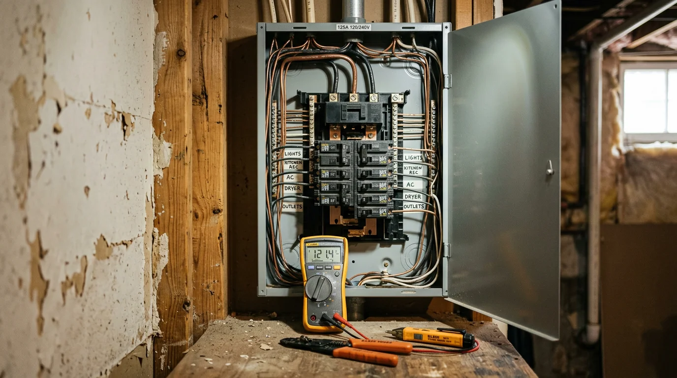 An electrician from Stewart All Services LLC inspecting a residential electrical panel during a service call at a home in Hattiesburg, Mississippi. The technician uses a testing tool to diagnose a tripping breaker issue in an older single-family home.