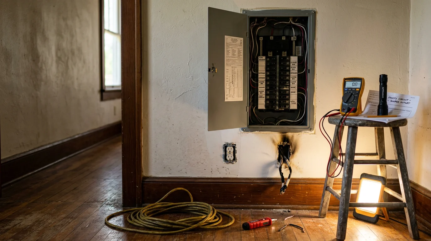 An electrician inspecting a residential electrical panel in a Hattiesburg, Mississippi home following storm damage. The panel cover is open and the electrician is checking breakers and wiring connections.