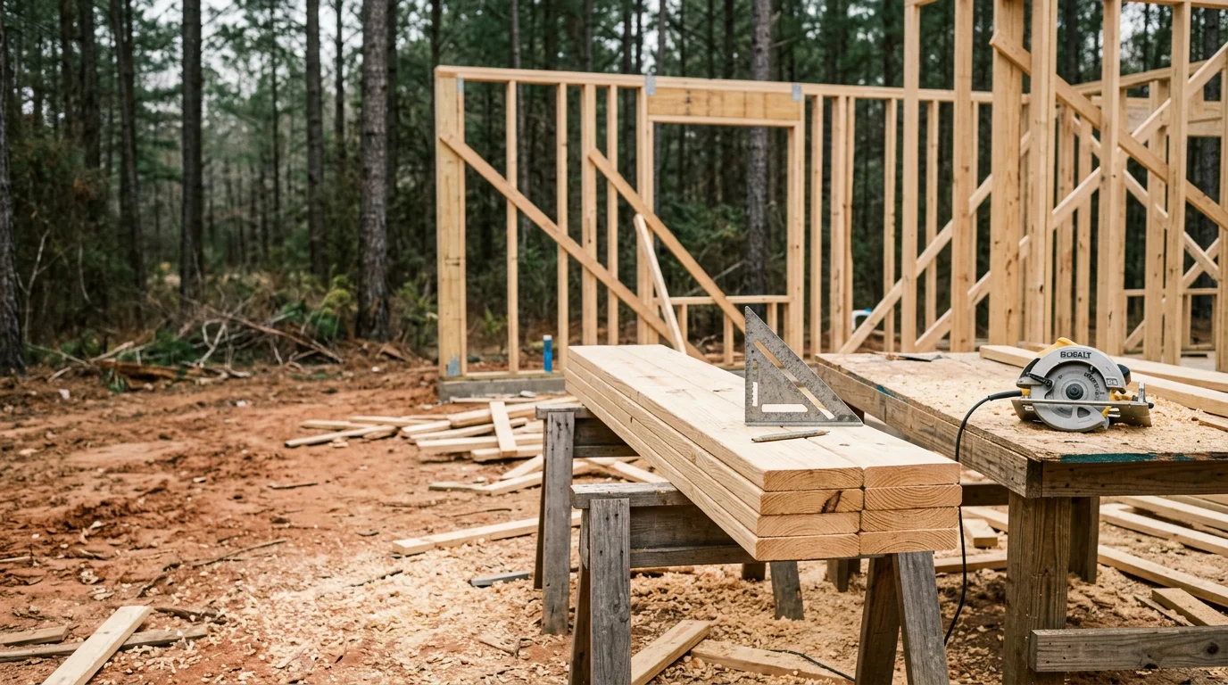 A carpenter framing interior walls of a residential room addition in Hattiesburg, Mississippi, with exposed wall studs and floor framing visible. Structural framing work in progress on a single-family home in the Pine Belt region.