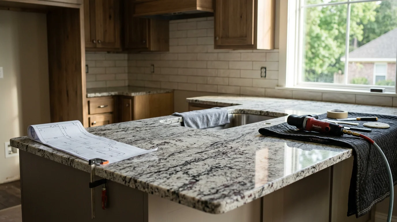 Newly installed granite countertop in a Hattiesburg, Mississippi kitchen, showing tight seams around the sink cutout and a polished natural stone surface over white cabinets.