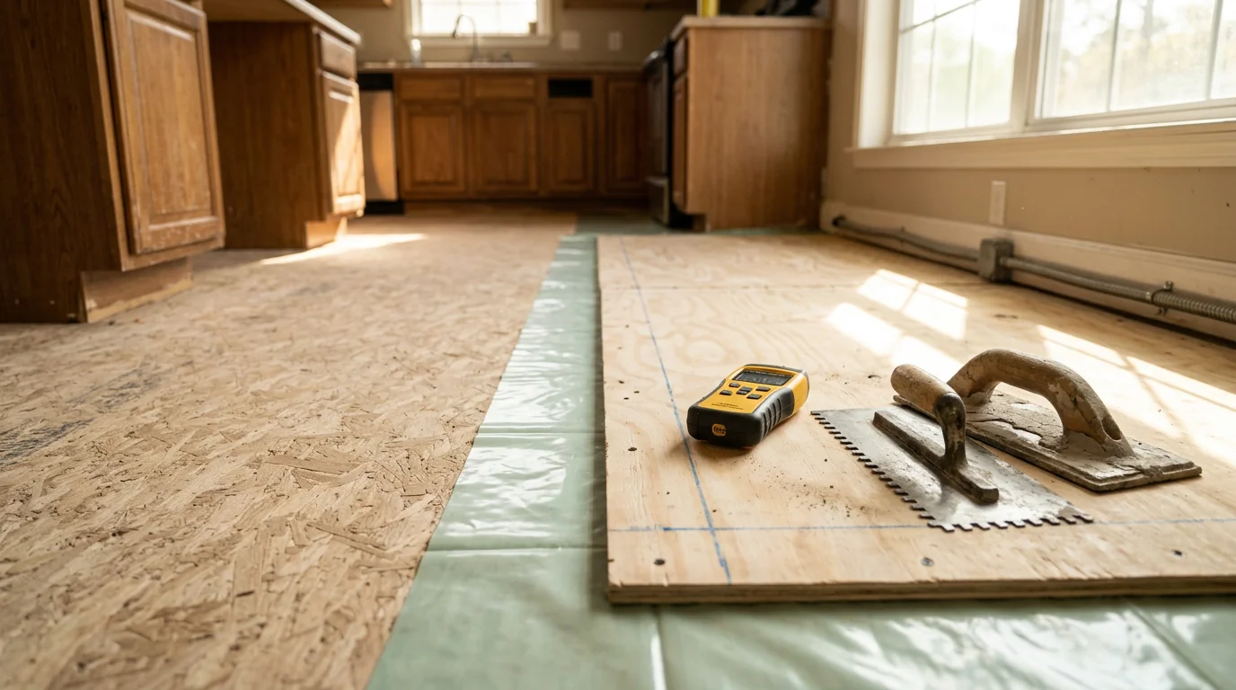 Freshly installed kitchen flooring in a Hattiesburg, Mississippi home, showing clean edges, consistent grout lines, and a smooth surface running from the cabinets to the doorway. The kitchen is well-lit with natural light highlighting the finished floor installation.