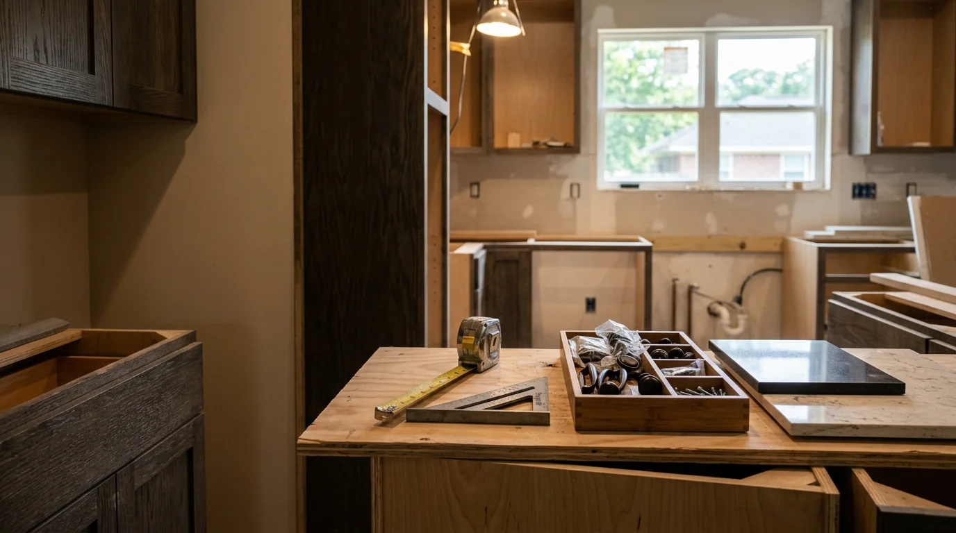 Remodeled kitchen in a Hattiesburg, Mississippi home showing updated cabinetry, new countertops, and improved lighting. The finished space reflects the quality craftsmanship delivered by Stewart All Services LLC across South Mississippi.