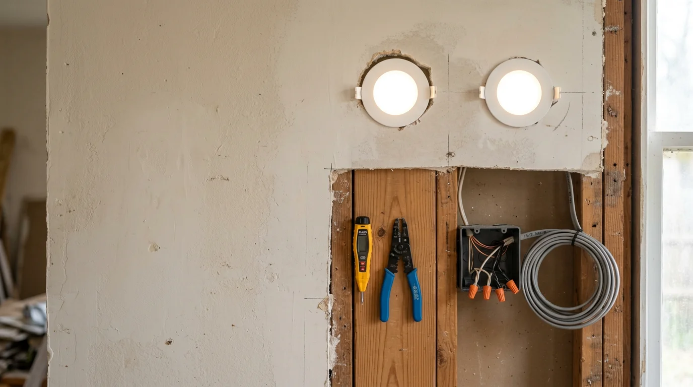 An electrician installing a ceiling light fixture inside a residential home in Hattiesburg, Mississippi. The fixture is mounted and wired, with the room fully lit after the completed installation.