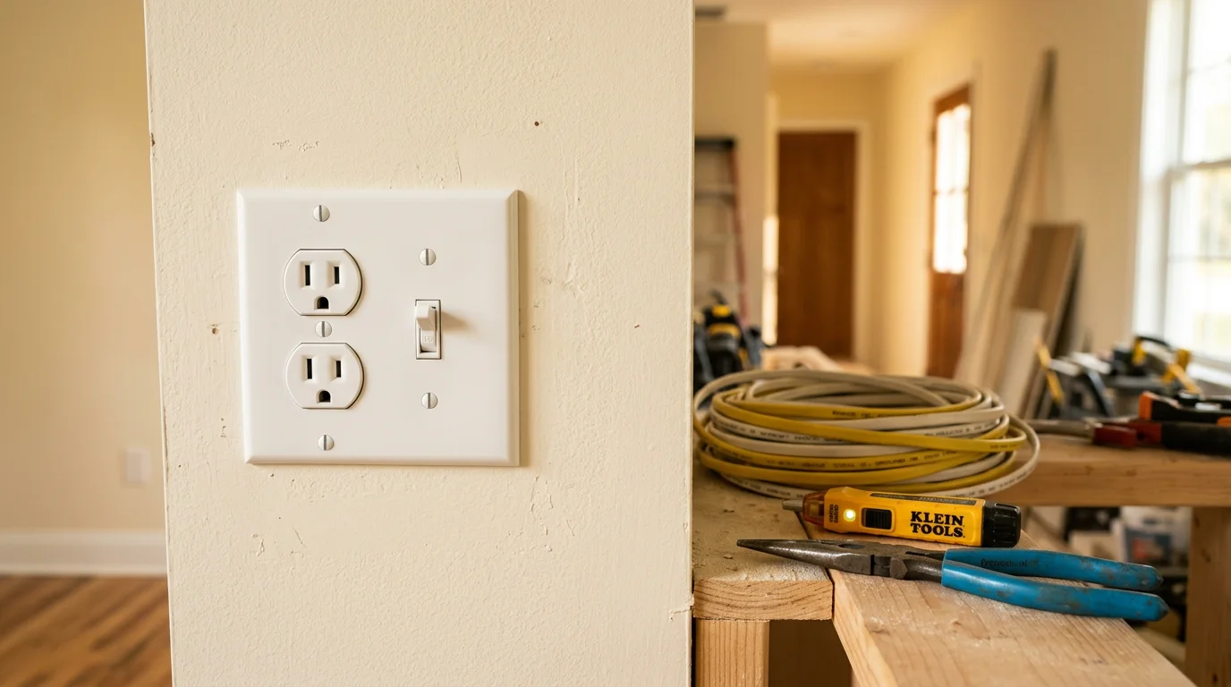 An electrician installing a new GFCI outlet on a white wall inside a Hattiesburg, Mississippi home. The outlet box is flush with the wall and the cover plate is clean and properly seated.