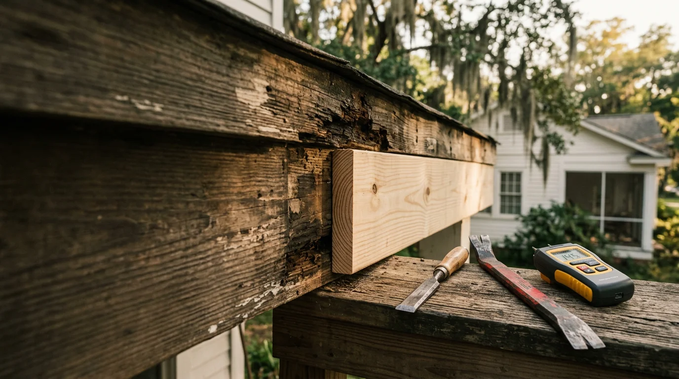 A carpenter replacing rotted fascia boards on a Hattiesburg, Mississippi home, with new wood fitted flush against the roofline. Close-up view shows clean cuts where decayed sections were removed and fresh lumber installed.